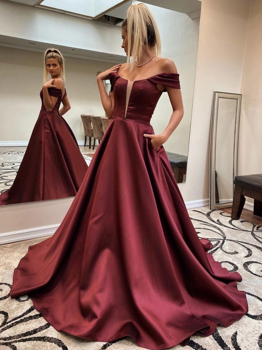 Dark Red A Line Off The Shoulder Long Prom Dress KissProm