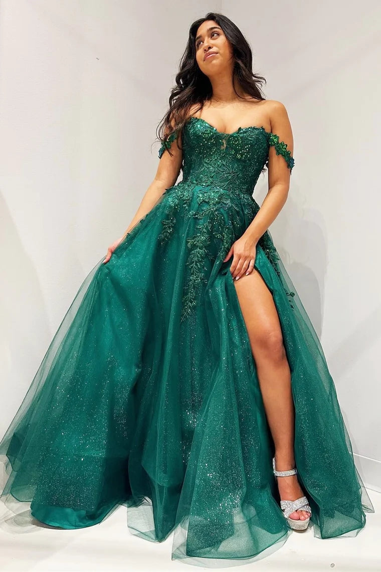 Emerald green a line prom orders dress