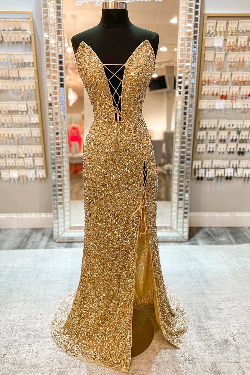 Gold strapless prom shops dress