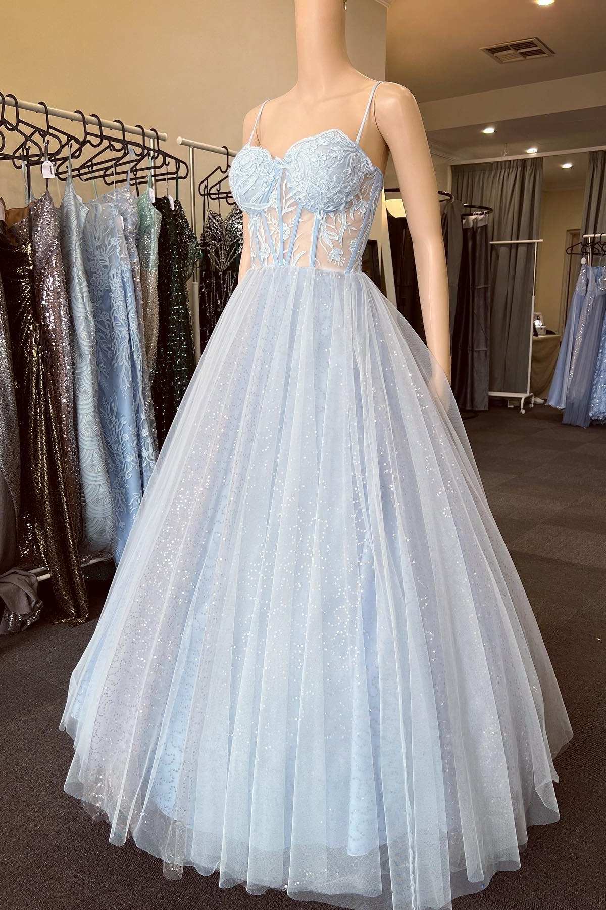 Baby blue best sale floral prom dress