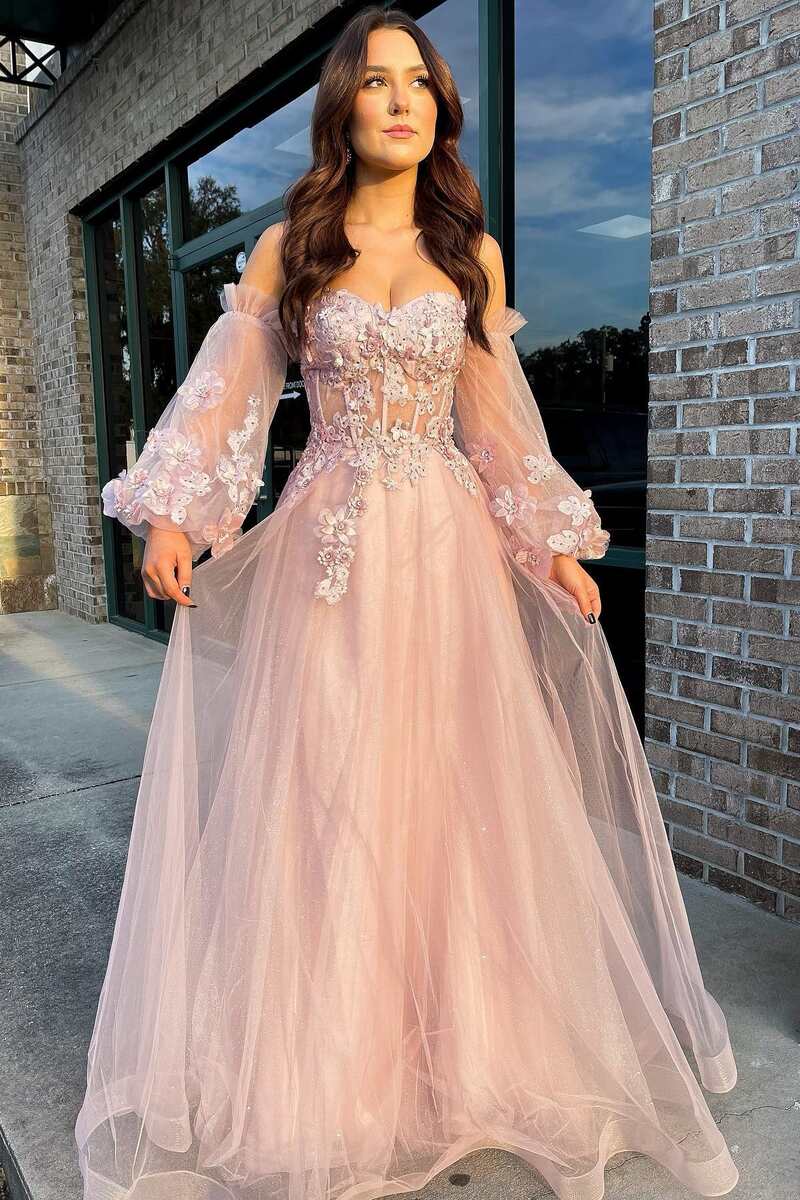 Pink prom store dresses with sleeves