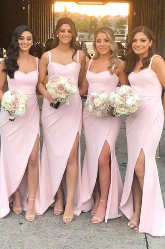 Pretty Sheath Sweetheart Pink Satin Split Long Bridesmaid Dresses KissProm