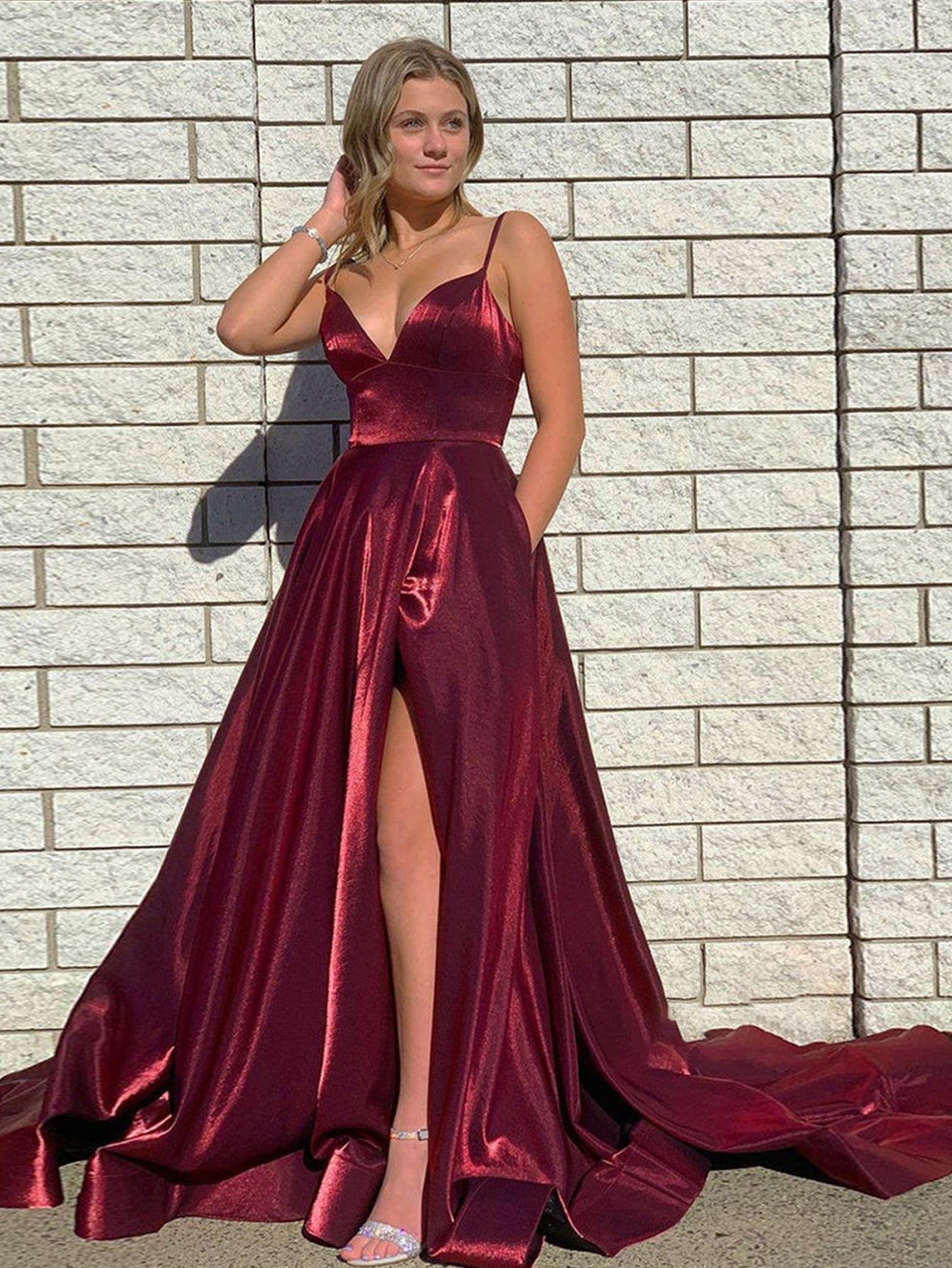 burgundy satin prom dress