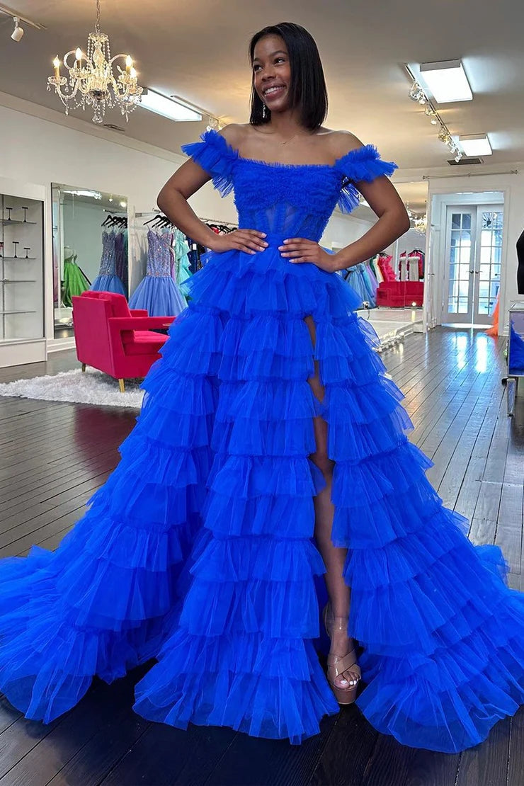 Adalynn | Royal Blue Off the Shoulder Ruffle Tiered Tulle Long Prom Dr |  KissProm