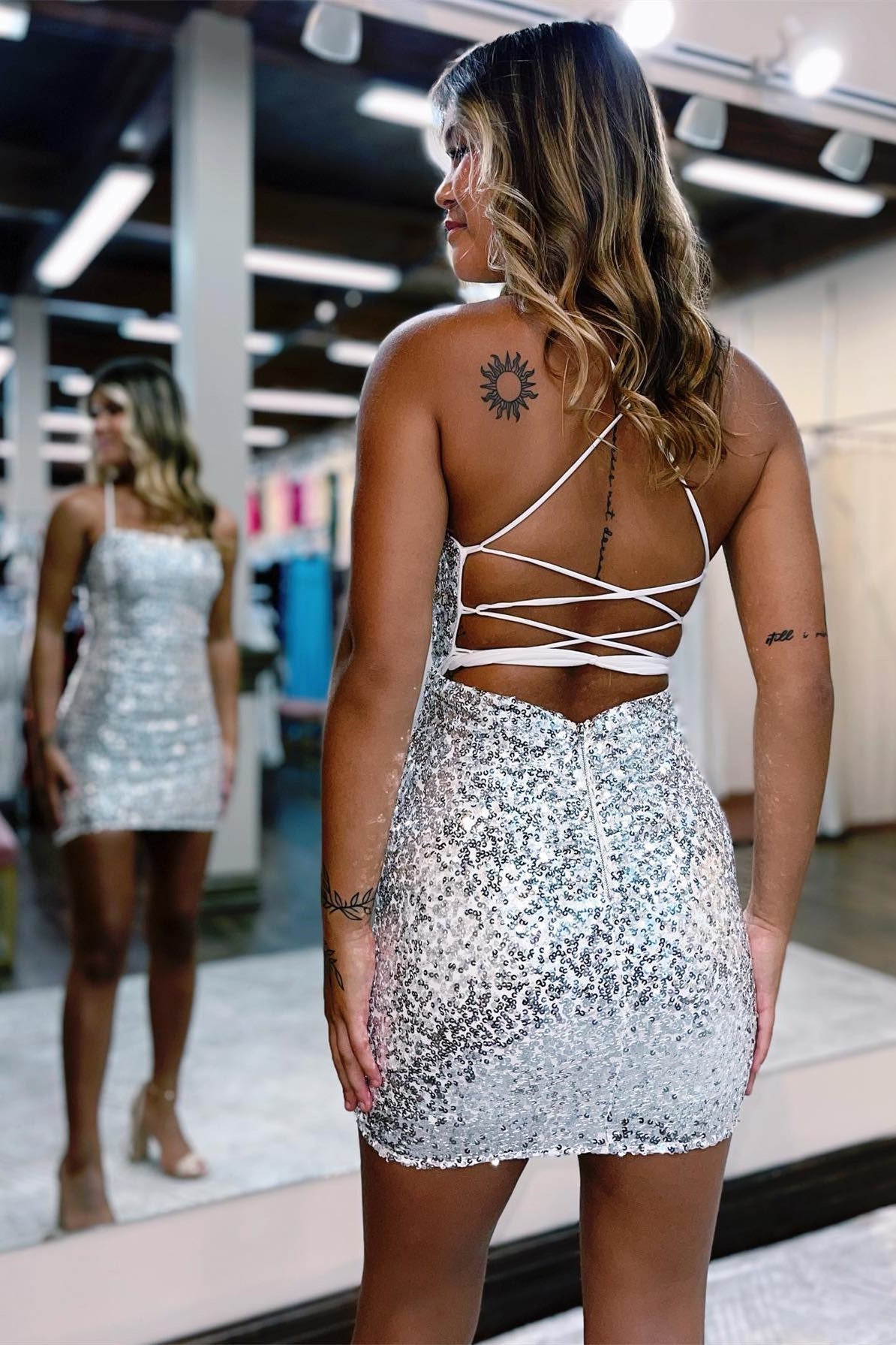 Silver sparkly hot sale homecoming dresses