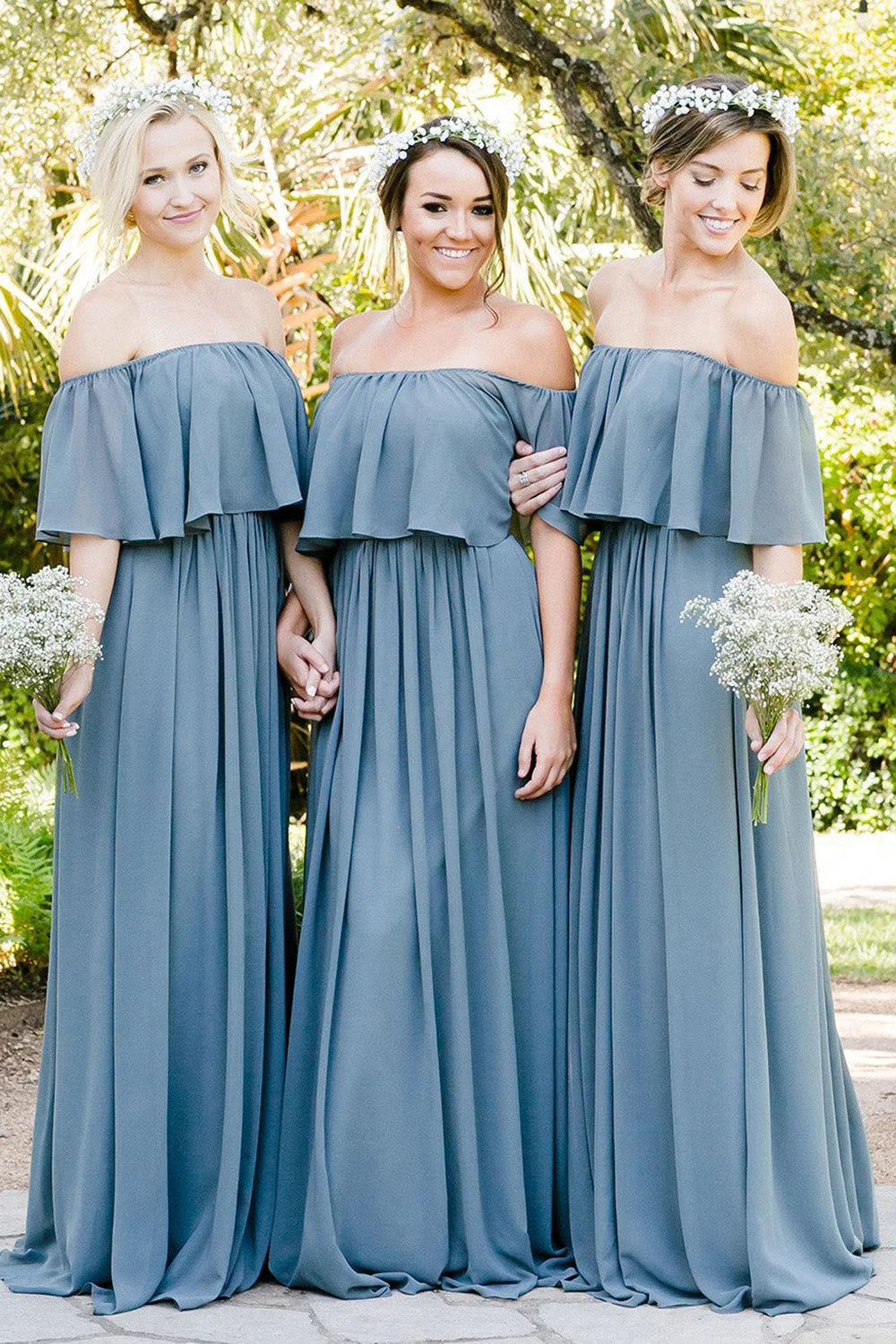 Dusty Blue A-Line Off the Shoulder Long Chiffon Boho Bridesmaid Dress |  KissProm