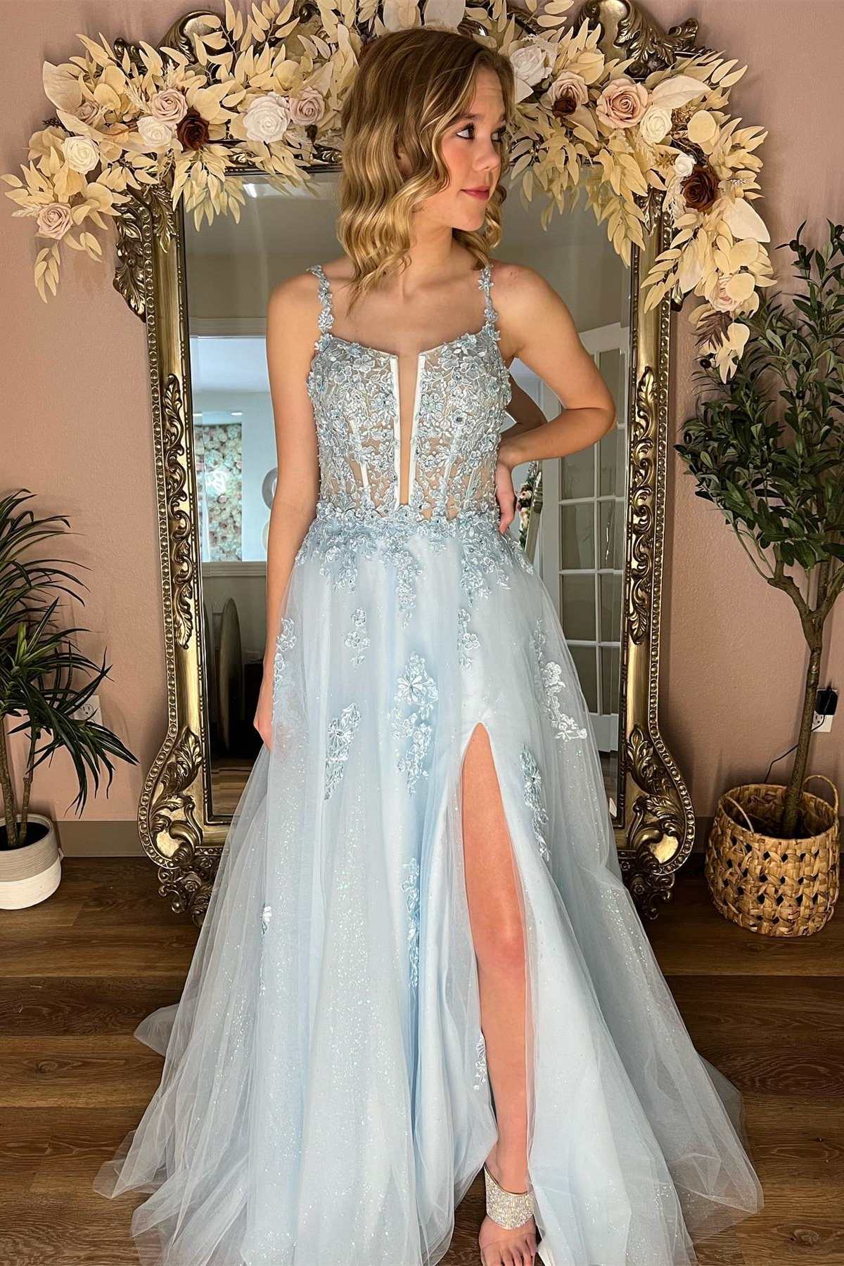 Light Blue Flower Prom Dress