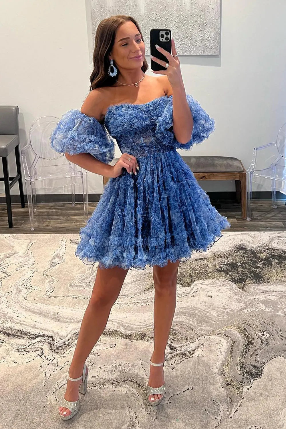 Hanni | Blue Puff Sleeves Ruffles A-line Prints Homecoming Dress | KissProm