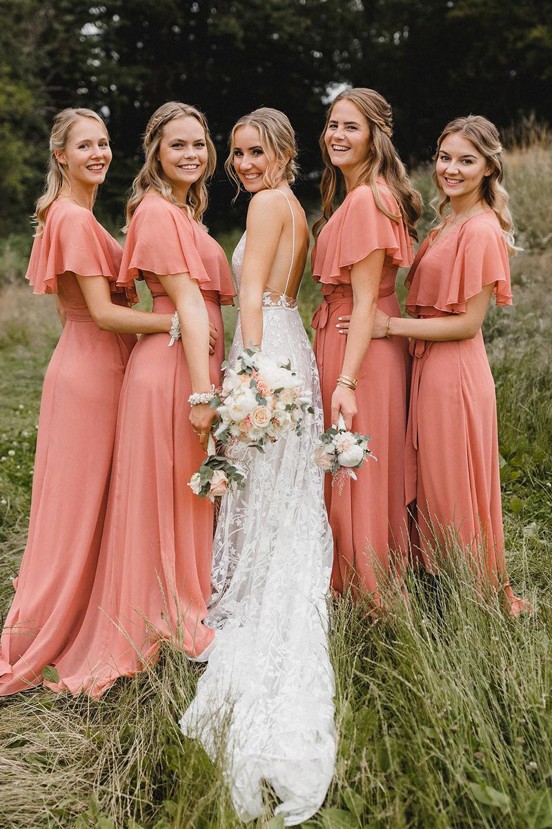 Simple A-Line Coral Chiffon Long Bridesmaid Dresses | KissProm