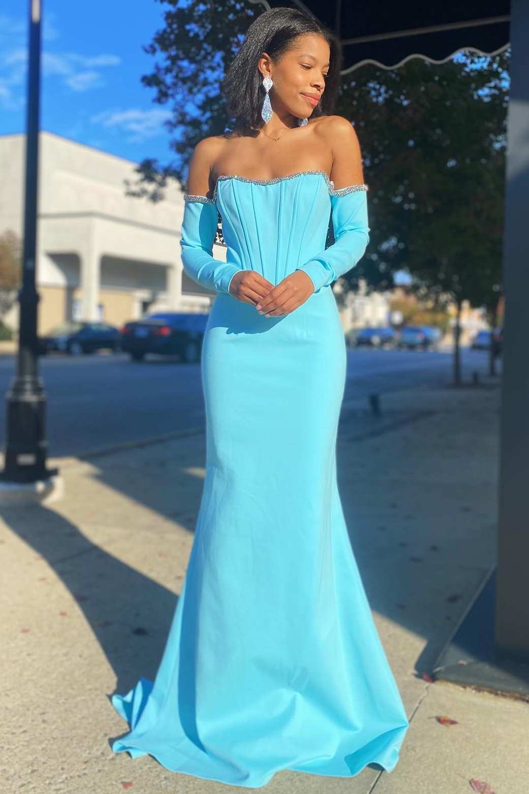 Long sleeve fishtail prom dress best sale