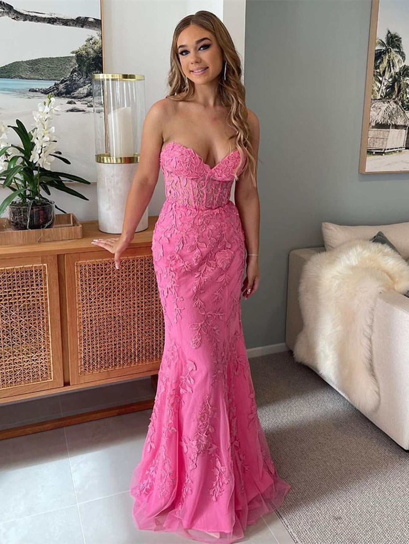 Cheap 2024 Hot Pink Lace Prom Dresses Strapless Sleeveless Formal