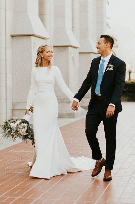 Jessamy | Modest Long Sleeve Satin Wedding Dress With Sweep Train | KissProm