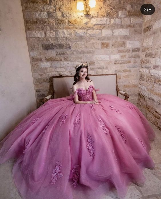 Dusty Rose Off Shoulder Lace 3D Flower Applique Ball Gown Quinceanera