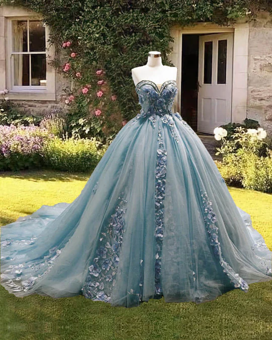 Dusty Blue Sweetheart Ball Gown Quinceanera Dress Strapless with 3D Fl |  KissProm