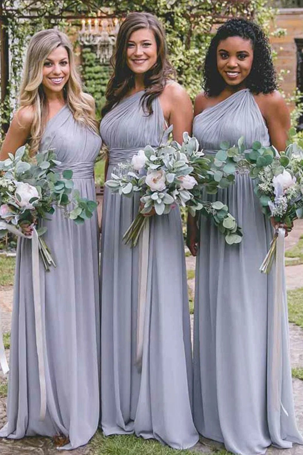 Dusty Blue One Shoulder Chiffon Long Boho Pleated Bridesmaid Dress |  KissProm