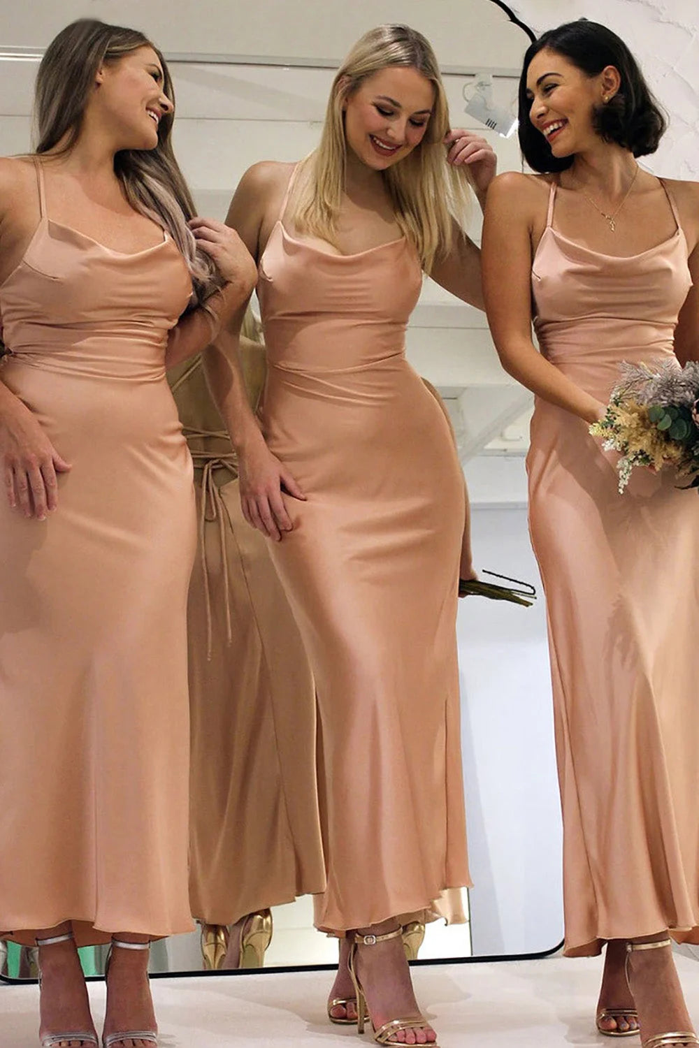 Dusty Rose Satin Sheath Lace-Up Back Bridesmaid Dress | KissProm