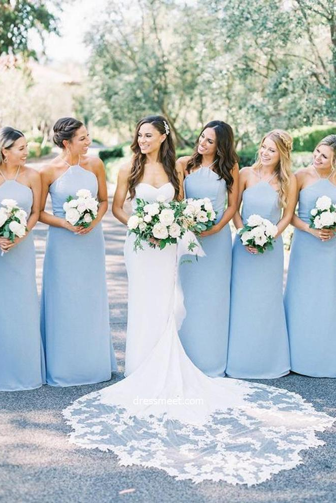 Elegant Sheath Halter Light Blue Satin Long Bridesmaid Dresses | KissProm