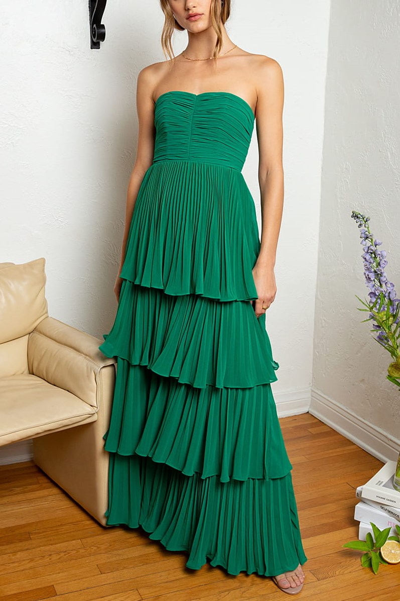 Khalani Strapless Emerald Green Ruffle Multi Layer Long Prom Dress