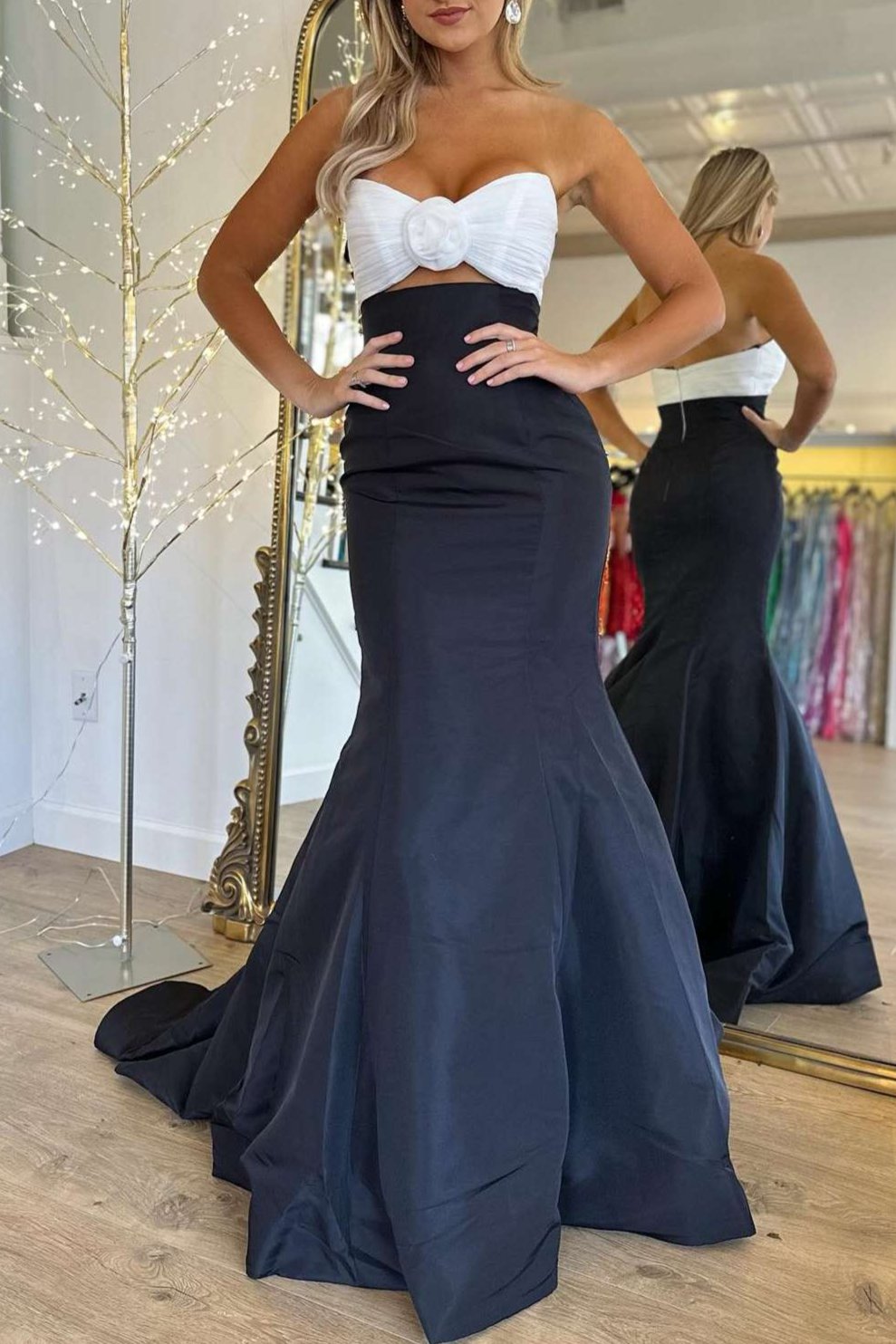 Black and Gold Strapless Prom Dresses