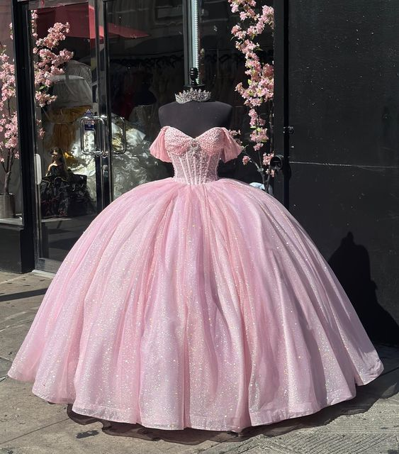 Carine | Glitter Off The Shoulder Pink Ball Gown Quinceanera Dresses |  KissProm