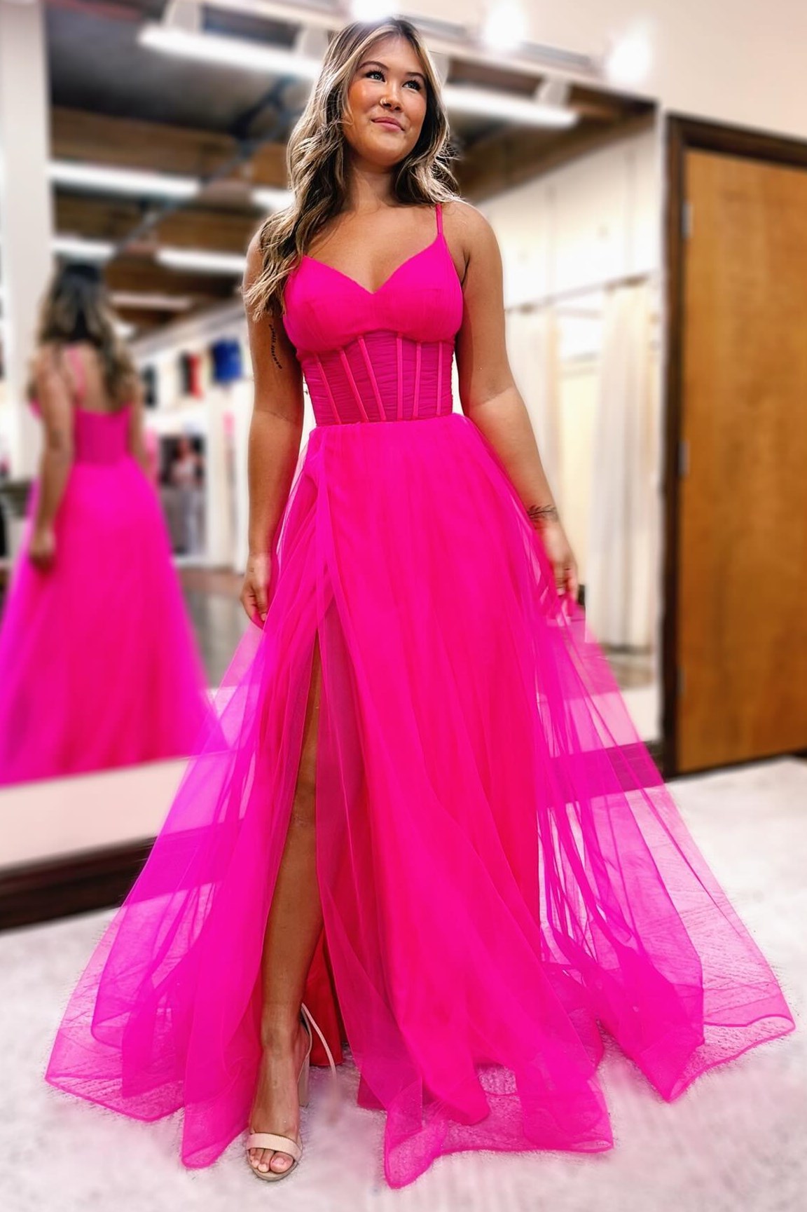 Galilea Fuchsia V Neck Sheer Bodice A Line Long Prom Dress with