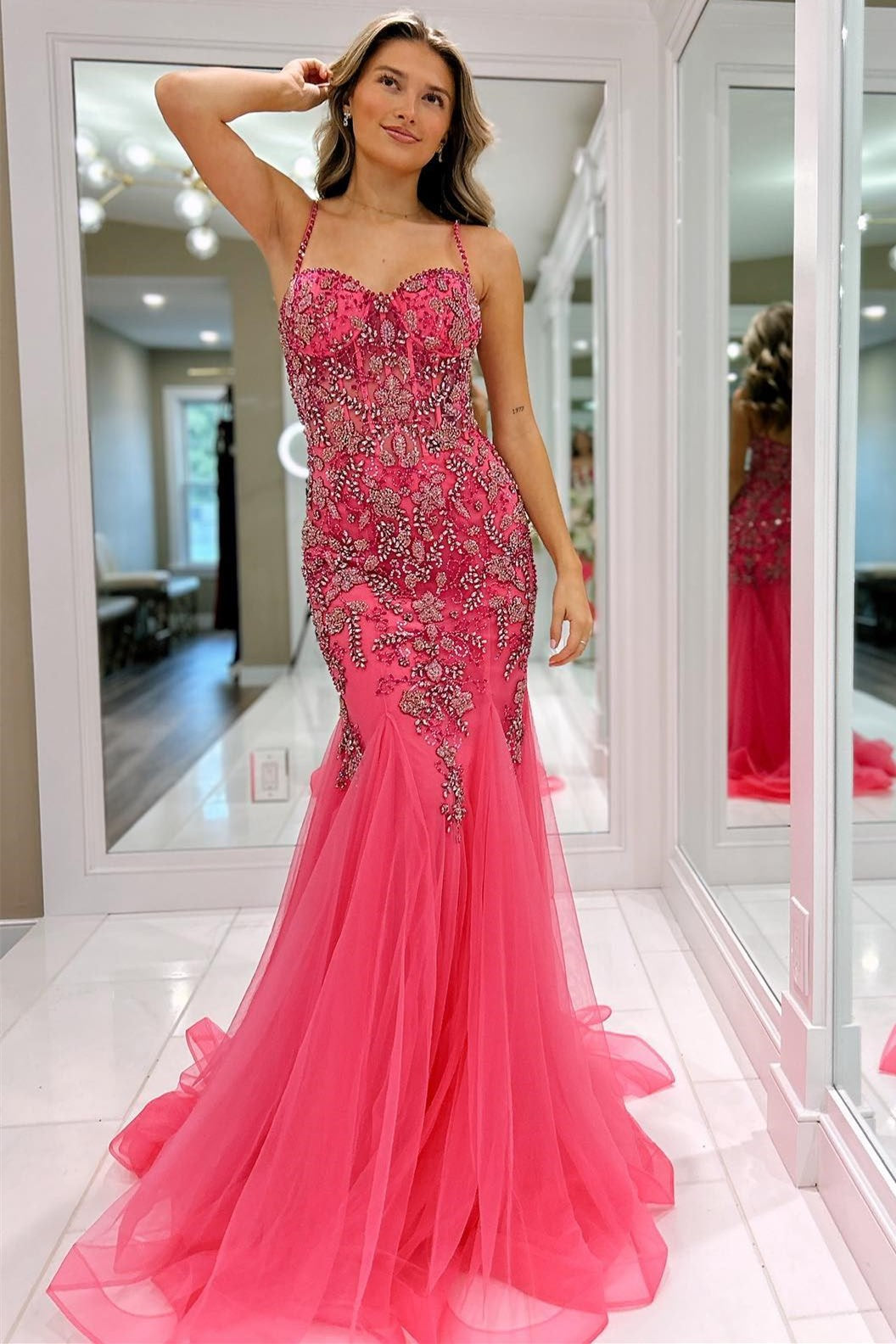 Oakleigh Pink Beaded Spaghetti Strap Trumpet Long Gown KissProm