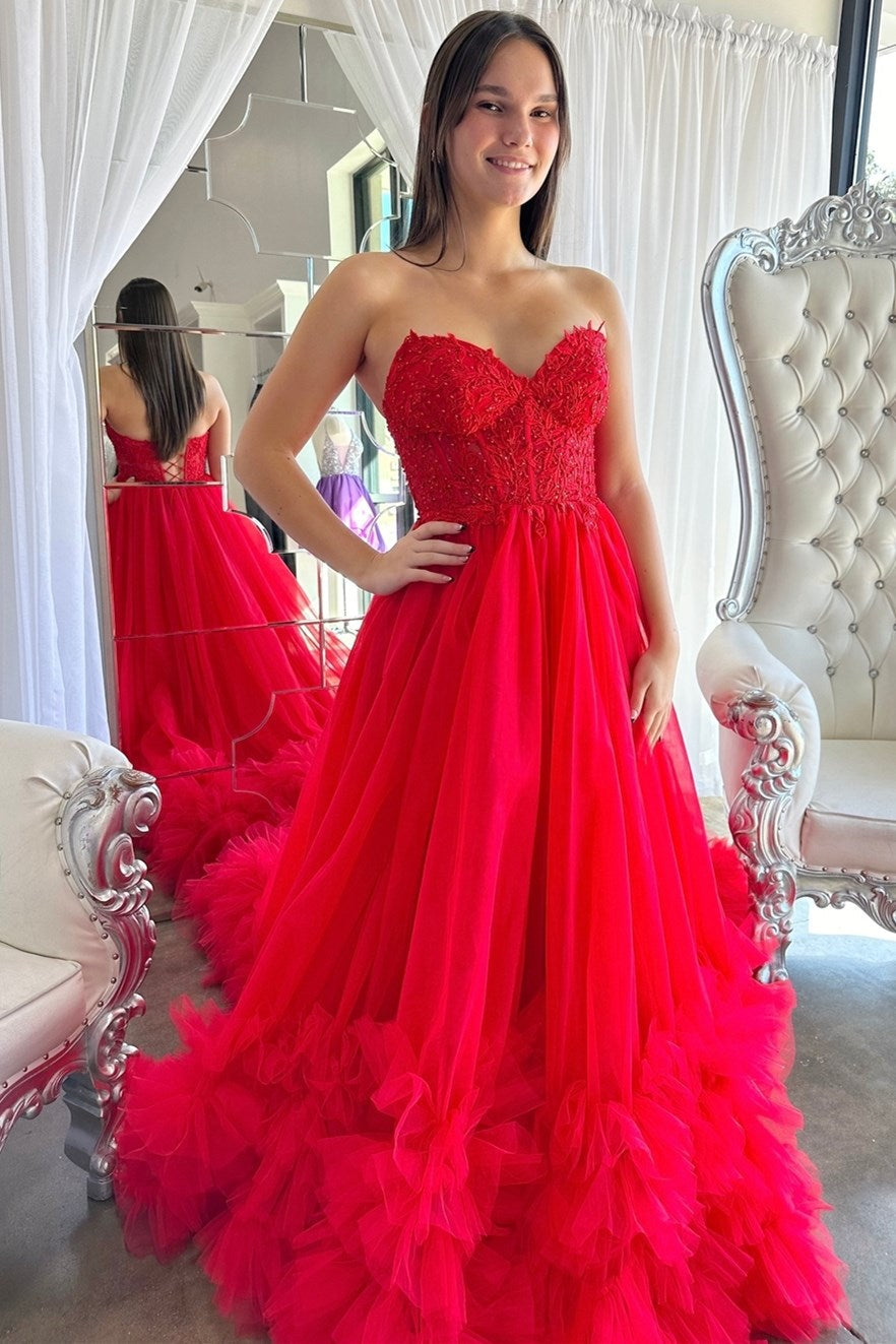 A-Line Sweetheart Red Tulle Ruffles Long Prom Dress QP3087 US14 / Red