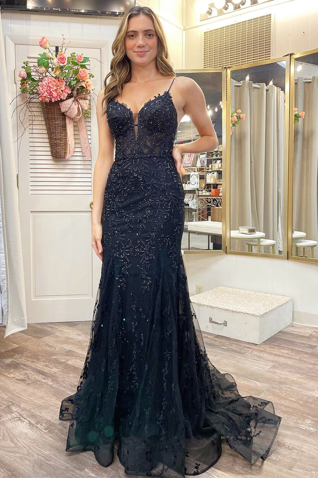 Black Appliques Plunge V Lace Up Trumpet Prom Gown KissProm