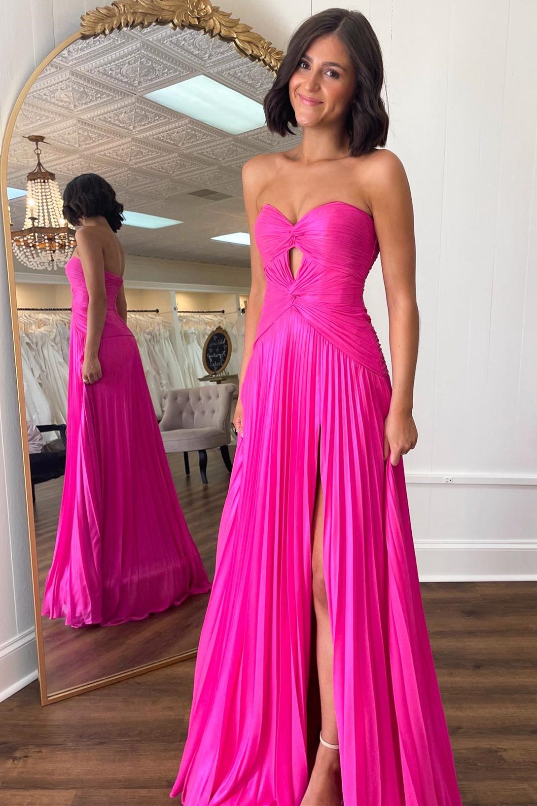 Hot Pink Strapless Keyhole Pleated A-Line Prom Dress | KissProm