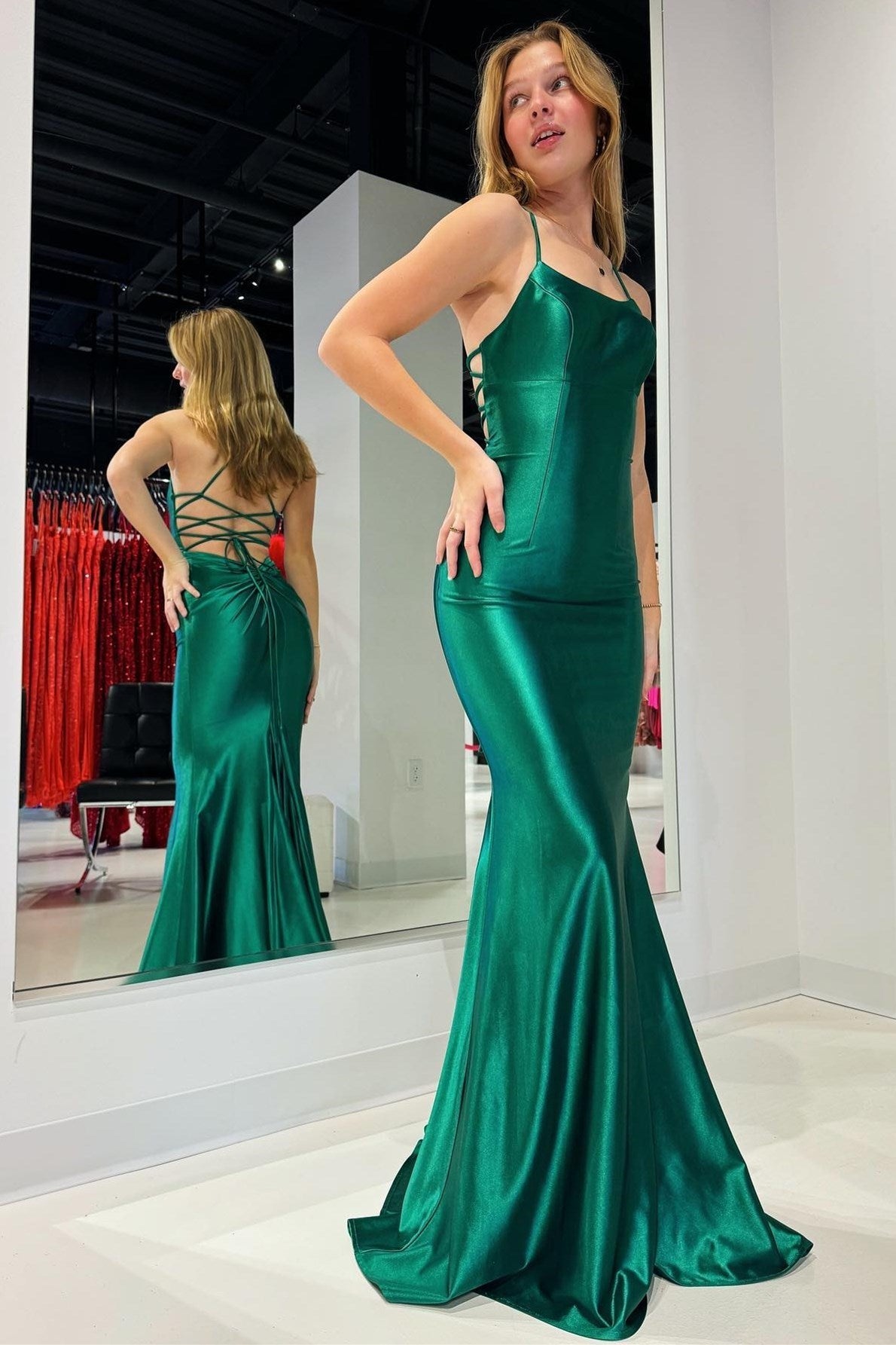 Emerald lace prom sales dress