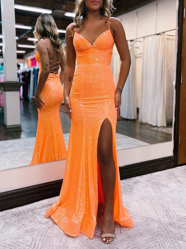 Sparkly Orange Sequins Mermaid Long Prom Dress | KissProm