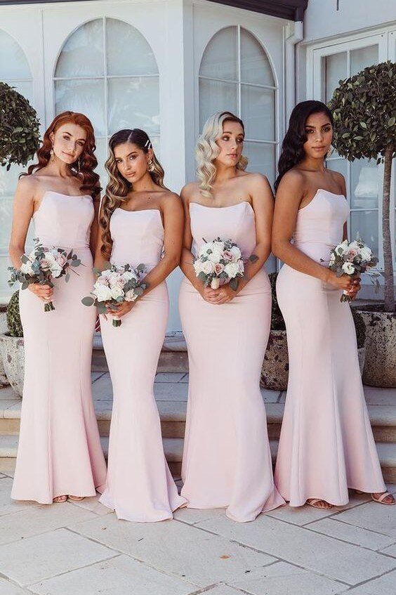 Simple Strapless Satin Cheap Long Bridesmaid Dresses KissProm