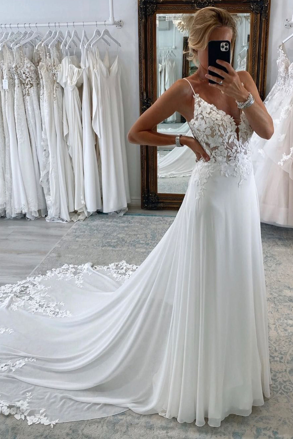 Rayna | White Long Chiffon Boho A-Line Wedding Dress with Lace | KissProm