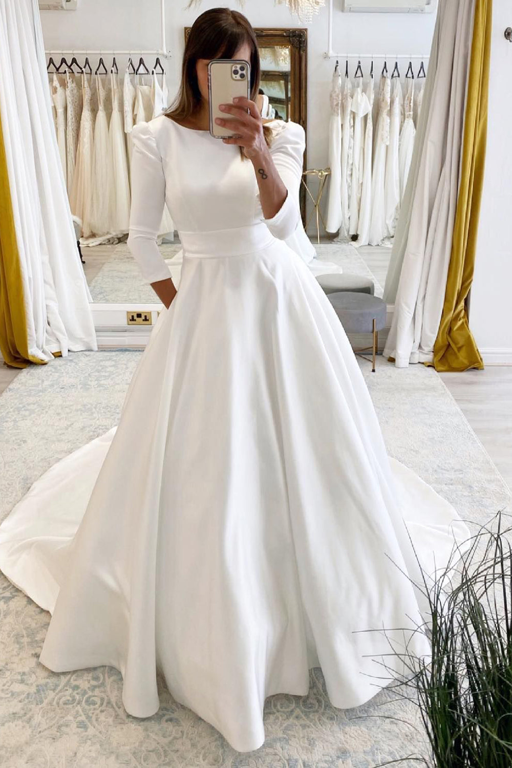 Lea White Vintage A Line Long Satin Wedding Dress with Pockets