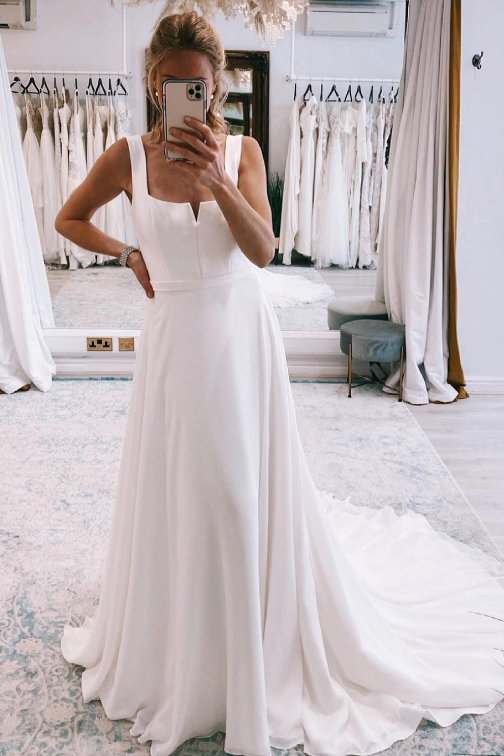 Bridget | Simple White Square Neck Boho Long Chiffon Wedding Dress |  KissProm