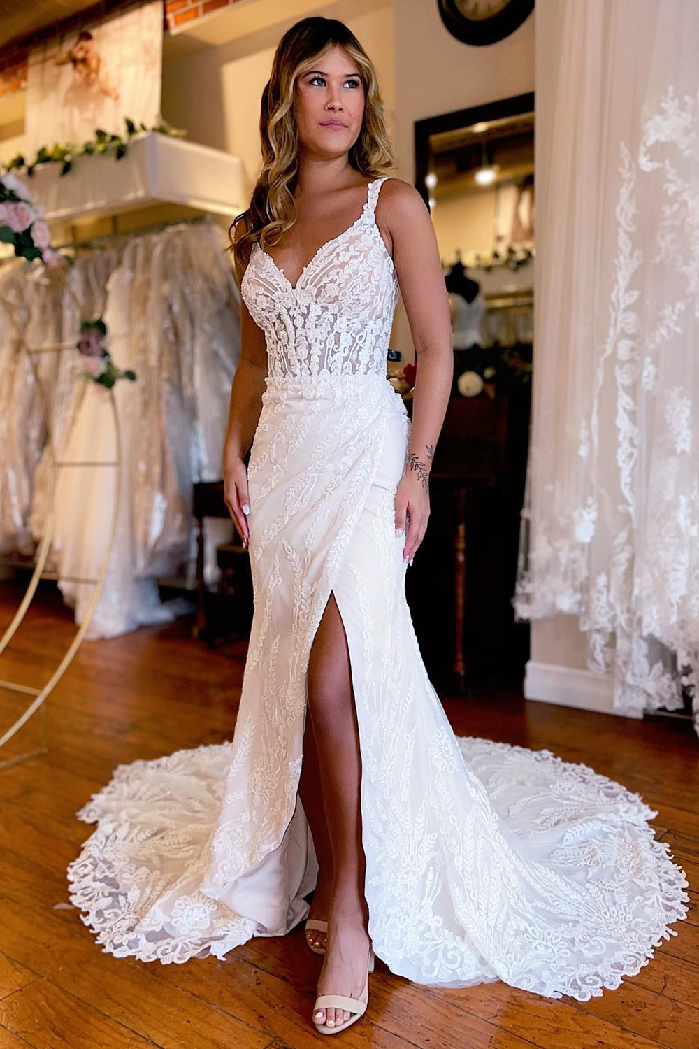 White v shop neck wedding dress