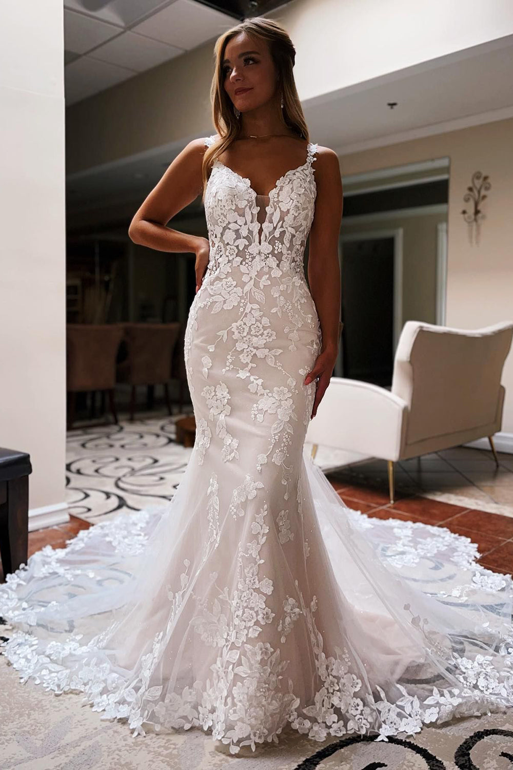 Love Ivory Backless Sleeveless Lace Mermaid Long Wedding Dress KissProm