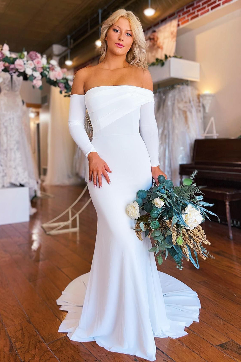 Pearl Simple White Boho Mermaid Long Wedding Dress with Sleeves