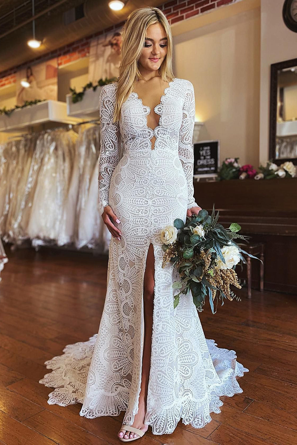 Lillie White Mermaid Boho Long Lace Wedding Dress with Sleeves