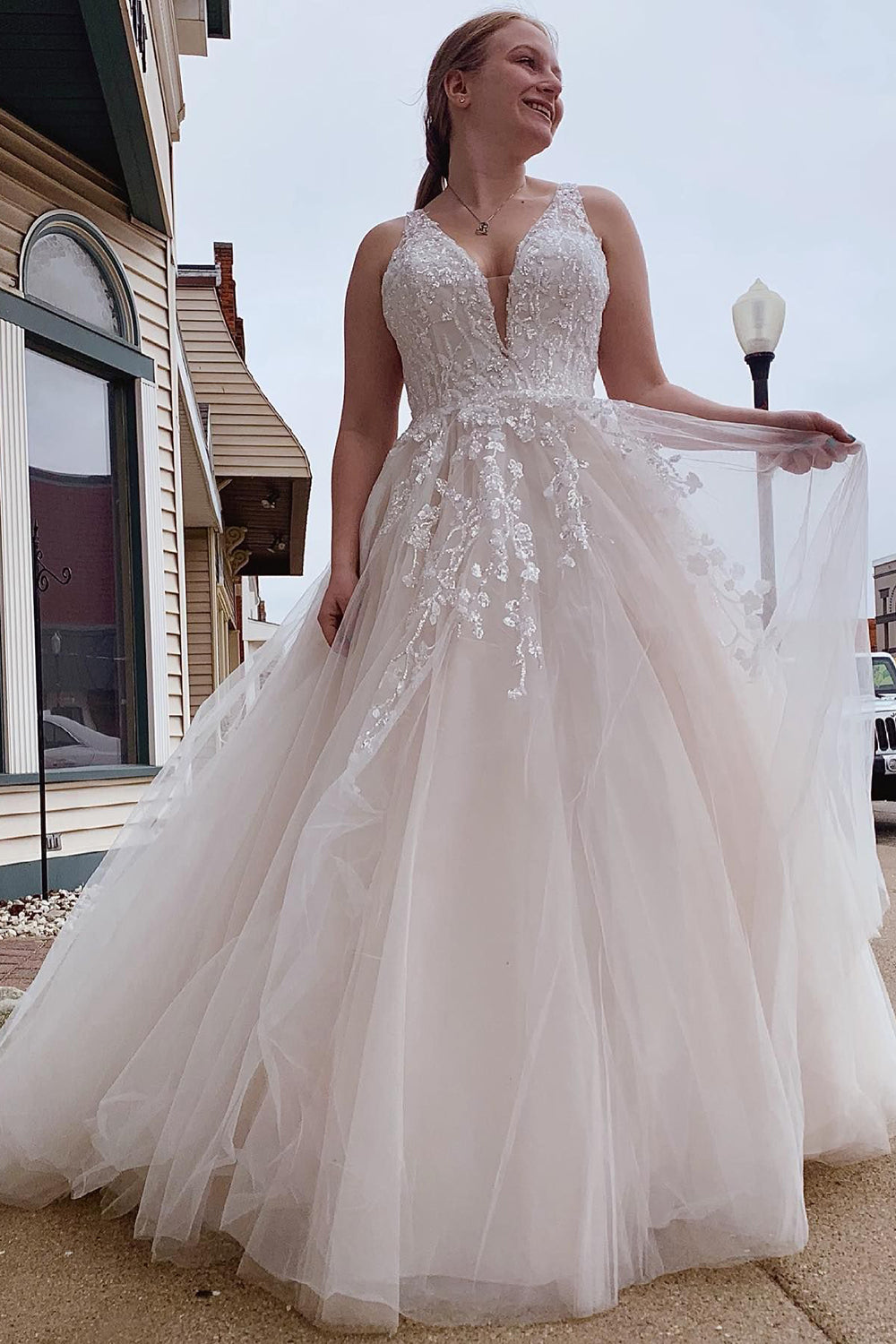 Roselyn | A-Line Tulle Sparkly White Wedding Dress with Appliques | KissProm