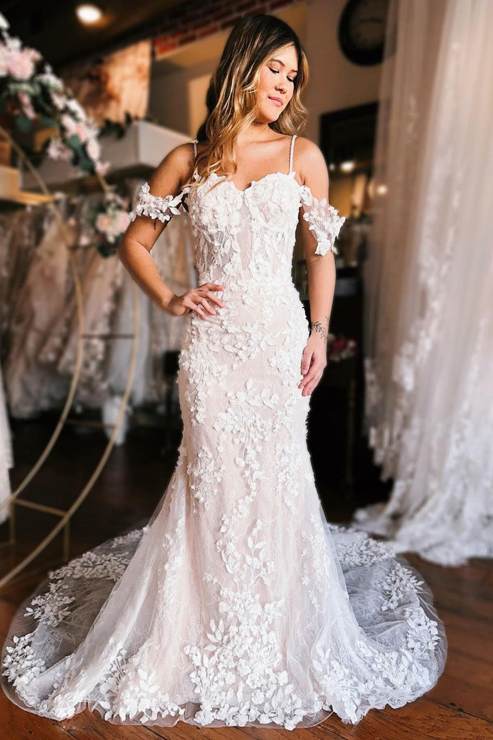 Rivka | Champagne Off the Shoulder Mermaid Wedding Dress with Train |  KissProm