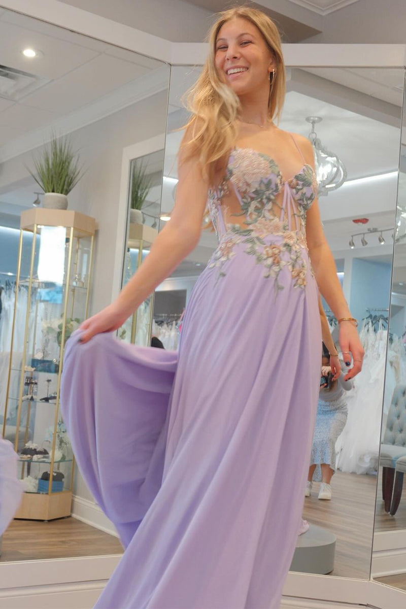 Lilac Sweetheart Chiffon Long Prom Dresses with Appliques | KissProm