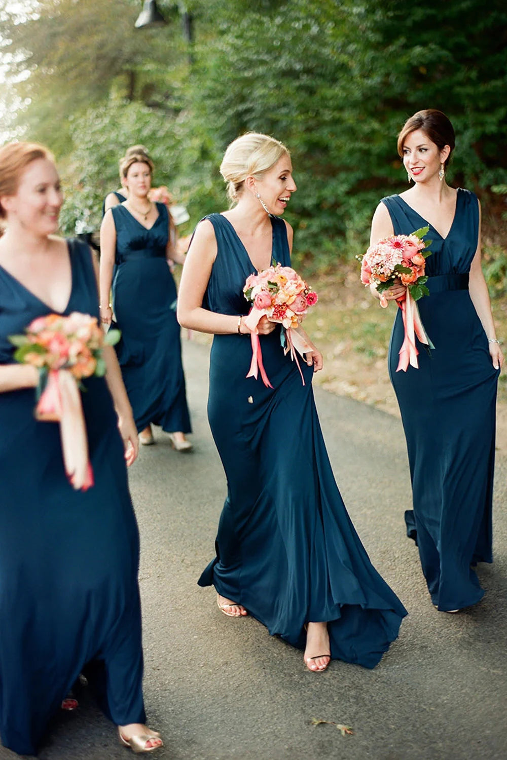 Peacock Blue Mermaid V Neck Long Bridesmaid Dress