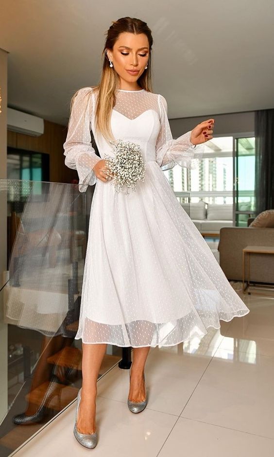 Elegant A Line Long Sleeve Tea Length Wedding Guest Dresses Evening Party Dresses