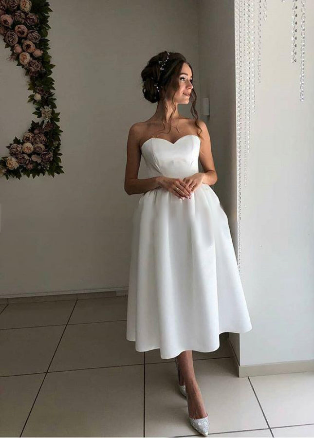 Short Satin Sweetheart Tea-length Bridal Dress for Casual Wedding | KissProm