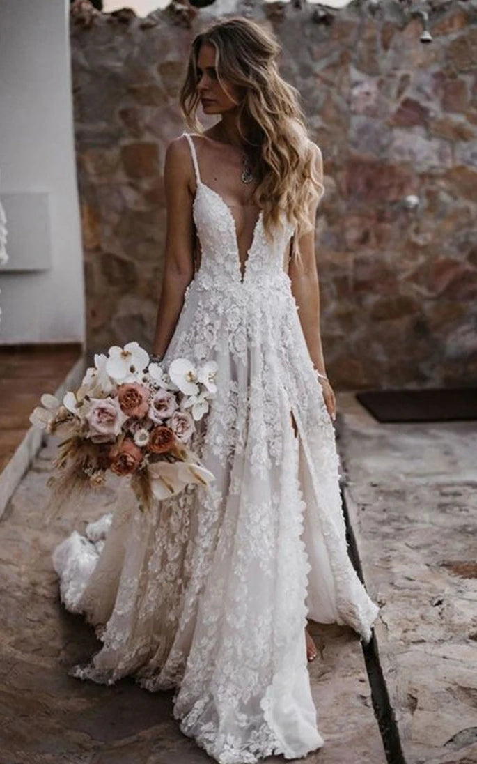 Ulla | Boho A-Line Lace Tulle Sleeveless Wedding Dress with slit Flora |  KissProm