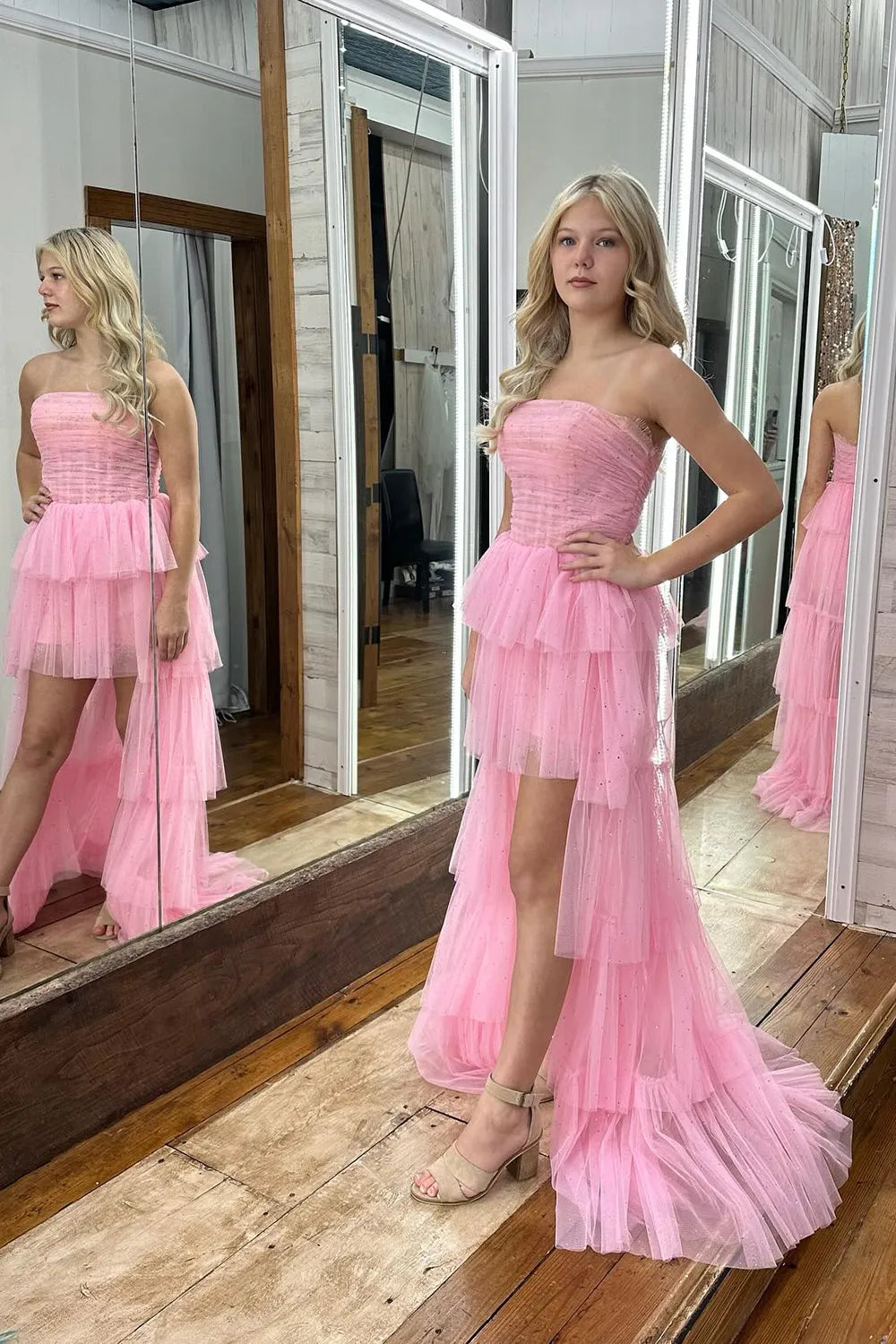 Monza | Cute Strapless Pink Tiered High Low Homecoming Dresses | KissProm