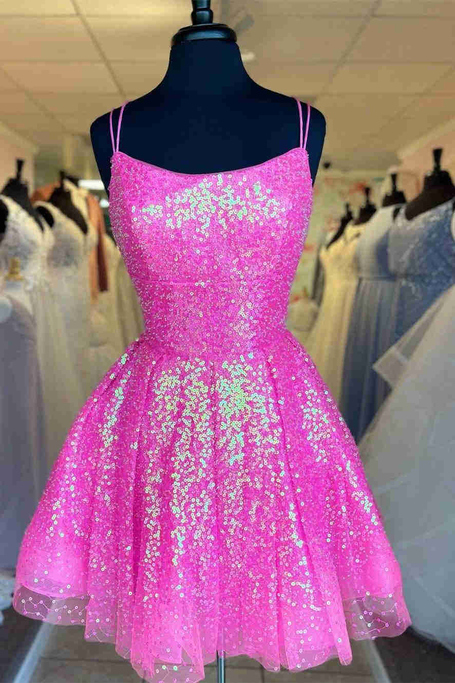 Hot Pink Sequins A-Line Homecoming Dress | KissProm