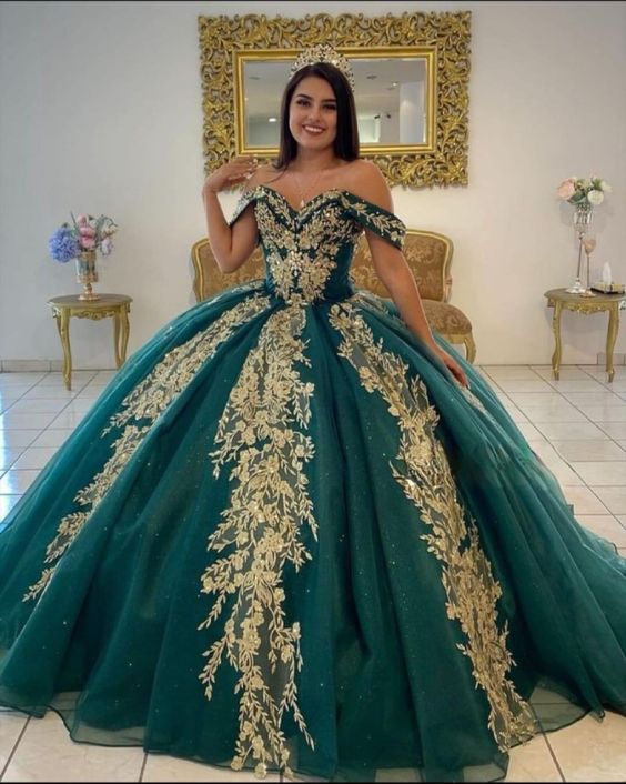 Ball Gown Organza Off the Shoulder Dark Green Quinceanera Dress