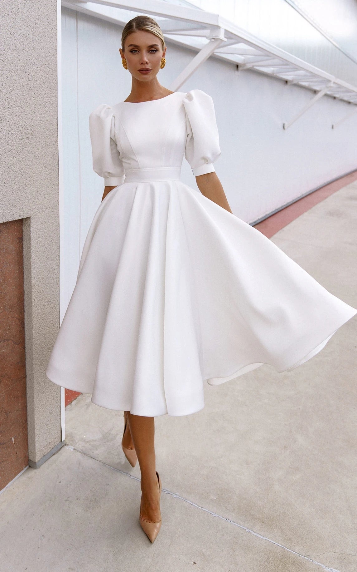 Elegant Bateau A Line Satin Knee-length Wedding Dress | KissProm